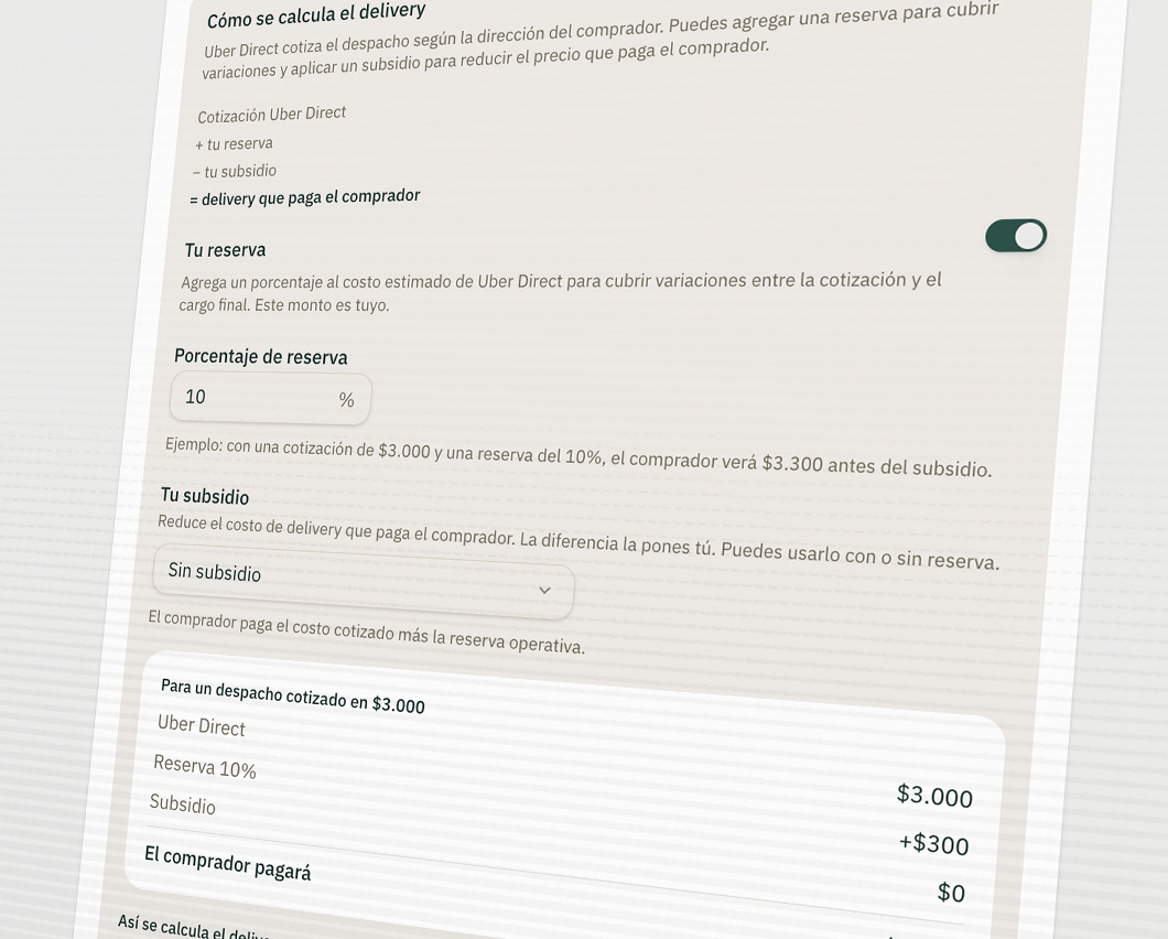 Cálculo del despacho en el panel: cotización de Uber Direct, reserva, subsidio y lo que paga el comprador